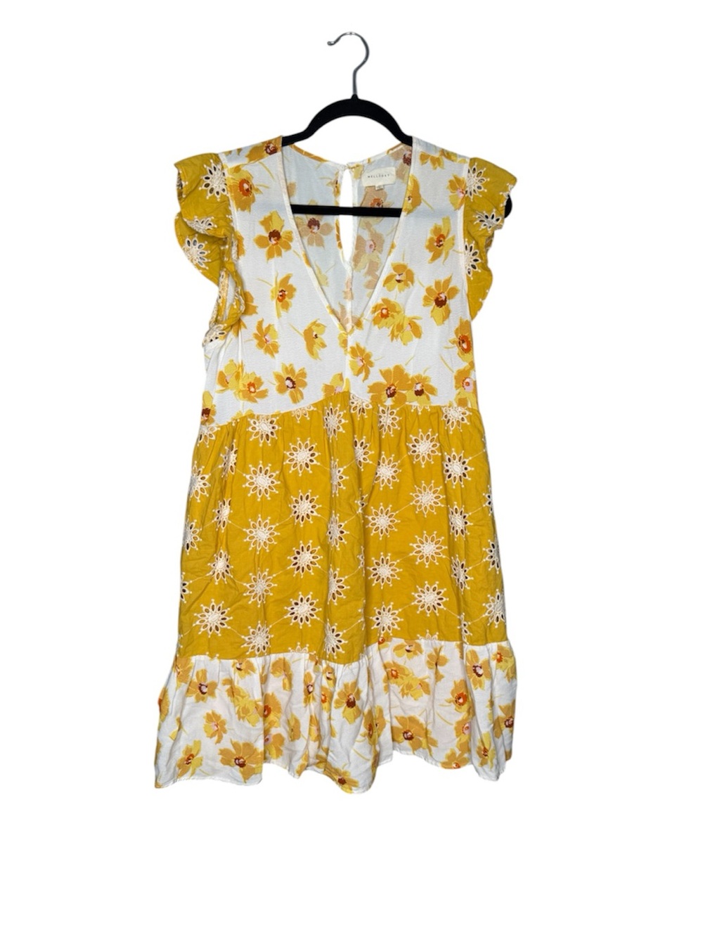 Melloday ruffle white/golden yellow eyelet floral print with side pockets dress